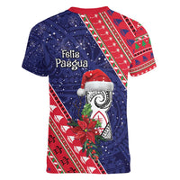 Guam Christmas Women V-Neck T-Shirt Felis Nabidat Guaman Seal With Poinsettia LT05 - Polynesian Pride