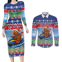 New Zealand Christmas Couples Matching Long Sleeve Bodycon Dress and Long Sleeve Button Shirt Funny Jet Ride Kiwi Xmas LT05 Blue - Polynesian Pride