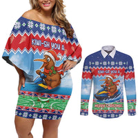 New Zealand Christmas Couples Matching Off Shoulder Short Dress and Long Sleeve Button Shirt Funny Jet Ride Kiwi Xmas LT05 Blue - Polynesian Pride