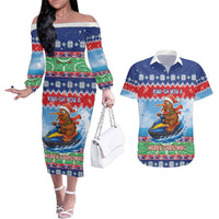 New Zealand Christmas Couples Matching Off The Shoulder Long Sleeve Dress and Hawaiian Shirt Funny Jet Ride Kiwi Xmas LT05 Blue - Polynesian Pride