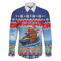 New Zealand Christmas Family Matching Off The Shoulder Long Sleeve Dress and Hawaiian Shirt Funny Jet Ride Kiwi Xmas LT05 Dad's Shirt - Long Sleeve Blue - Polynesian Pride