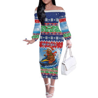 New Zealand Christmas Family Matching Off The Shoulder Long Sleeve Dress and Hawaiian Shirt Funny Jet Ride Kiwi Xmas LT05 Mom's Dress Blue - Polynesian Pride