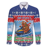 New Zealand Christmas Family Matching Puletasi and Hawaiian Shirt Funny Jet Ride Kiwi Xmas LT05 Dad's Shirt - Long Sleeve Blue - Polynesian Pride