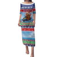 New Zealand Christmas Family Matching Puletasi and Hawaiian Shirt Funny Jet Ride Kiwi Xmas LT05 Mom's Dress Blue - Polynesian Pride