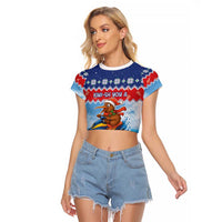 New Zealand Christmas Raglan Cropped T Shirt Funny Jet Ride Kiwi Xmas LT05 Female Blue - Polynesian Pride