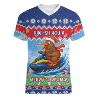 New Zealand Christmas Women V-Neck T-Shirt Funny Jet Ride Kiwi Xmas LT05 Female Blue - Polynesian Pride