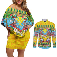 Hawaii Christmas Couples Matching Off Shoulder Short Dress and Long Sleeve Button Shirt Mele Kalikimaka Tropical Vibes LT05 Colorful - Polynesian Pride