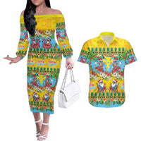 Hawaii Christmas Couples Matching Off The Shoulder Long Sleeve Dress and Hawaiian Shirt Mele Kalikimaka Tropical Vibes LT05 Colorful - Polynesian Pride