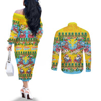 Hawaii Christmas Couples Matching Off The Shoulder Long Sleeve Dress and Long Sleeve Button Shirt Mele Kalikimaka Tropical Vibes LT05 - Polynesian Pride