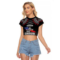 Personalised Samoa Black Saturday Raglan Cropped T Shirt Samoan Warrior Tribal Pattern