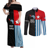 Personalised West Papua Couples Matching Off Shoulder Maxi Dress and Long Sleeve Button Shirt Polynesian Pattern With Coat Of Arms LT05 Blue - Polynesian Pride