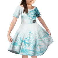 Samoa Siapo Pattern With Teal Hibiscus Family Matching Puletasi and Hawaiian Shirt LT05 Daughter's Dress Teal - Polynesian Pride