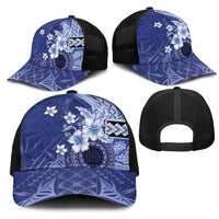 Samoa Siapo Pattern With Navy Hibiscus Mesh Trucker Cap - Polynesian Pride