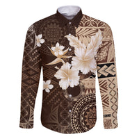 Samoa Siapo Pattern With Brown Hibiscus Family Matching Tank Maxi Dress and Hawaiian Shirt LT05 Dad's Shirt - Long Sleeve Brown - Polynesian Pride