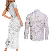 Samoa Siapo Pattern With White Hibiscus Couples Matching Short Sleeve Bodycon Dress and Button Shirt - LT05