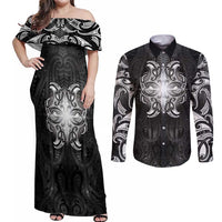 New Zealand Matariki Couples Matching Off Shoulder Maxi Dress and Long Sleeve Button Shirt Maori Moko Black Galaxy LT05 Black - Polynesian Pride