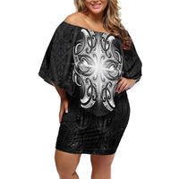 New Zealand Matariki Off Shoulder Short Dress Maori Moko Black Galaxy