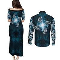 New Zealand Matariki Waita Couples Matching Puletasi and Long Sleeve Button Shirt Maori Moko Dark Blue Galaxy LT05 - Polynesian Pride