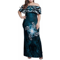 New Zealand Matariki Waita Family Matching Off Shoulder Maxi Dress and Hawaiian Shirt Maori Moko Dark Blue Galaxy LT05 Mom's Dress Blue - Polynesian Pride