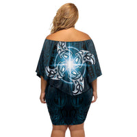 New Zealand Matariki Waita Off Shoulder Short Dress Maori Moko Dark Blue Galaxy