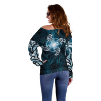 New Zealand Matariki Waita Off Shoulder Sweater Maori Moko Dark Blue Galaxy