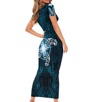 New Zealand Matariki Waita Short Sleeve Bodycon Dress Maori Moko Dark Blue Galaxy LT05 - Polynesian Pride