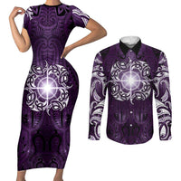 New Zealand Matariki Waipunarangi Couples Matching Short Sleeve Bodycon Dress and Long Sleeve Button Shirt Maori Moko Purple Galaxy LT05 Purple - Polynesian Pride