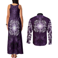 New Zealand Matariki Waipunarangi Couples Matching Tank Maxi Dress and Long Sleeve Button Shirt Maori Moko Purple Galaxy LT05 - Polynesian Pride