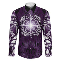 New Zealand Matariki Waipunarangi Family Matching Long Sleeve Bodycon Dress and Hawaiian Shirt Maori Moko Purple Galaxy LT05 Dad's Shirt - Long Sleeve Purple - Polynesian Pride