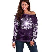 New Zealand Matariki Waipunarangi Off Shoulder Sweater Maori Moko Purple Galaxy LT05 Women Purple - Polynesian Pride