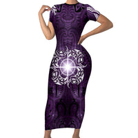 New Zealand Matariki Waipunarangi Short Sleeve Bodycon Dress Maori Moko Purple Galaxy LT05 Long Dress Purple - Polynesian Pride