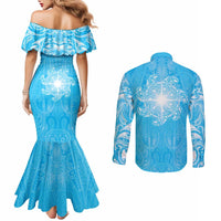 New Zealand Matariki Waiti Couples Matching Mermaid Dress and Long Sleeve Button Shirt Maori Moko Cyan Galaxy LT05 - Polynesian Pride