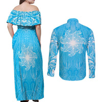 New Zealand Matariki Waiti Couples Matching Off Shoulder Maxi Dress and Long Sleeve Button Shirt Maori Moko Cyan Galaxy LT05 - Polynesian Pride
