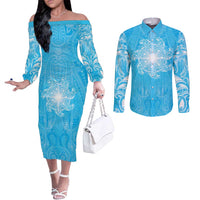 New Zealand Matariki Waiti Couples Matching Off The Shoulder Long Sleeve Dress and Long Sleeve Button Shirt Maori Moko Cyan Galaxy LT05 Cyan - Polynesian Pride