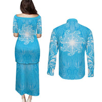 New Zealand Matariki Waiti Couples Matching Puletasi and Long Sleeve Button Shirt Maori Moko Cyan Galaxy LT05 - Polynesian Pride