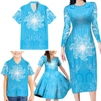 New Zealand Matariki Waiti Family Matching Long Sleeve Bodycon Dress and Hawaiian Shirt Maori Moko Cyan Galaxy LT05 - Polynesian Pride