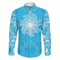 New Zealand Matariki Waiti Family Matching Off The Shoulder Long Sleeve Dress and Hawaiian Shirt Maori Moko Cyan Galaxy LT05 Dad's Shirt - Long Sleeve Cyan - Polynesian Pride