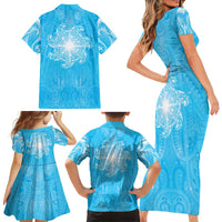 New Zealand Matariki Waiti Family Matching Short Sleeve Bodycon Dress and Hawaiian Shirt Maori Moko Cyan Galaxy LT05 - Polynesian Pride