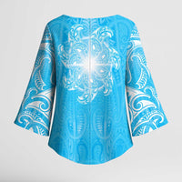 New Zealand Matariki Waiti Kimono Sleeve Blouse Maori Moko Cyan Galaxy