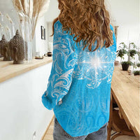 New Zealand Matariki Waiti Women Casual Shirt Maori Moko Cyan Galaxy LT05 - Polynesian Pride