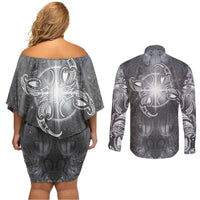 New Zealand Matariki Ururangi Couples Matching Off Shoulder Short Dress and Long Sleeve Button Shirt Maori Moko Grey Galaxy LT05 - Polynesian Pride