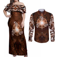 New Zealand Matariki Tupuanuku Couples Matching Off Shoulder Maxi Dress and Long Sleeve Button Shirt Maori Moko Brown Galaxy LT05 Brown - Polynesian Pride
