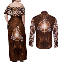 New Zealand Matariki Tupuanuku Couples Matching Off Shoulder Maxi Dress and Long Sleeve Button Shirt Maori Moko Brown Galaxy LT05 - Polynesian Pride