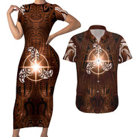 New Zealand Matariki Tupuanuku Couples Matching Short Sleeve Bodycon Dress and Hawaiian Shirt Maori Moko Brown Galaxy LT05 Brown - Polynesian Pride