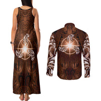 New Zealand Matariki Tupuanuku Couples Matching Tank Maxi Dress and Long Sleeve Button Shirt Maori Moko Brown Galaxy LT05 - Polynesian Pride