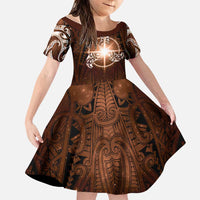 New Zealand Matariki Tupuanuku Family Matching Short Sleeve Bodycon Dress and Hawaiian Shirt Maori Moko Brown Galaxy LT05 Daughter's Dress Brown - Polynesian Pride
