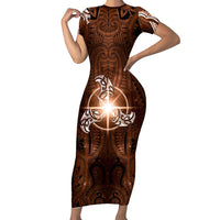 New Zealand Matariki Tupuanuku Short Sleeve Bodycon Dress Maori Moko Brown Galaxy LT05 Long Dress Brown - Polynesian Pride