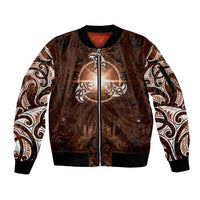 New Zealand Matariki Tupuanuku Sleeve Zip Bomber Jacket Maori Moko Brown Galaxy