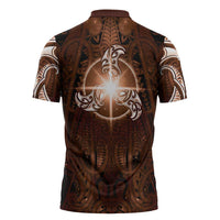 New Zealand Matariki Tupuanuku Zipper Polo Shirt Maori Moko Brown Galaxy LT05 - Polynesian Pride