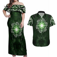 New Zealand Matariki Tupuarangi Couples Matching Off Shoulder Maxi Dress and Hawaiian Shirt Maori Moko Green Galaxy LT05 Green - Polynesian Pride